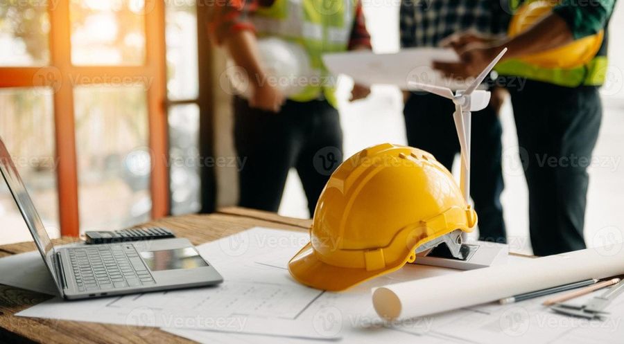 Project team reviewing plans with a safety helmet on the desk